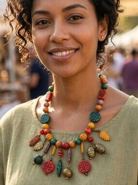 Vintage 90s Boho Chunky Beaded Fringe Bib Necklace Earthy Multi Color 18"